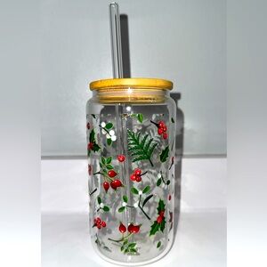 Festive Glass Tumbler with Straw